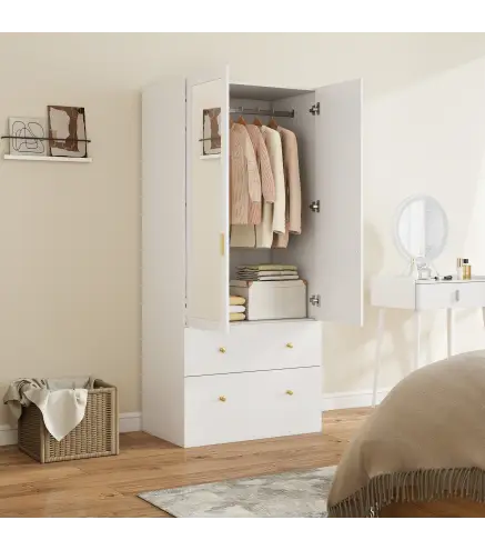 Armario Dormitorio 2 Puertas y 2 Cajones Armario Ropero con Espejo Barra para Colgar 80x50x180 cm Blanco