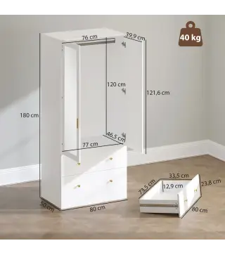 Armario Dormitorio 2 Puertas y 2 Cajones Armario Ropero con Espejo Barra para Colgar 80x50x180 cm Blanco
