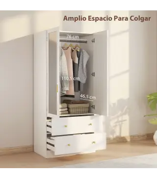 Armario Dormitorio 2 Puertas y 2 Cajones Armario Ropero con Espejo Barra para Colgar 80x50x180 cm Blanco