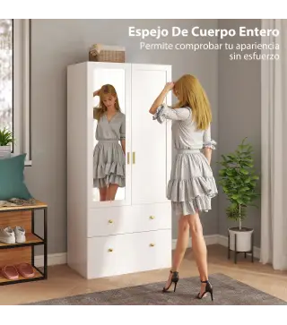 Armario Dormitorio 2 Puertas y 2 Cajones Armario Ropero con Espejo Barra para Colgar 80x50x180 cm Blanco