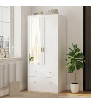 Armario Dormitorio 2 Puertas y 2 Cajones Armario Ropero con Espejo Barra para Colgar 80x50x180 cm Blanco