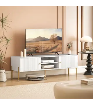 Mueble de TV Moderno con 2 Puertas 2 Estantes Abiertos Orificios Pasacables para TV 65 Pulgadas 140x38x45,9 cm Blanco