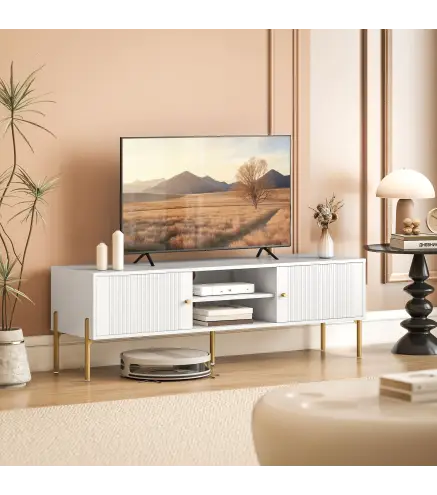 Mueble de TV Moderno con 2 Puertas 2 Estantes Abiertos Orificios Pasacables para TV 65 Pulgadas 140x38x45,9 cm Blanco