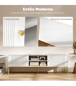 Mueble de TV Moderno con 2 Puertas 2 Estantes Abiertos Orificios Pasacables para TV 65 Pulgadas 140x38x45,9 cm Blanco