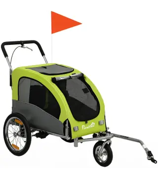 Remolque de Bicicleta Perros 2 en 1 Carrito Perros Medianos Plegable con Suspensión Neumáticos Grandes Ventanas Verde