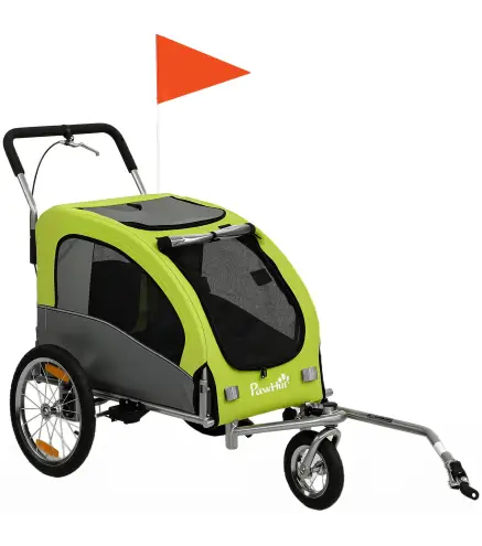 Remolque de Bicicleta Perros 2 en 1 Carrito Perros Medianos Plegable con Suspensión Neumáticos Grandes Ventanas Verde