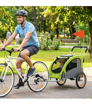 Remolque de Bicicleta Perros 2 en 1 Carrito Perros Medianos Plegable con Suspensión Neumáticos Grandes Ventanas Verde