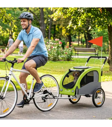 Remolque de Bicicleta Perros 2 en 1 Carrito Perros Medianos Plegable con Suspensión Neumáticos Grandes Ventanas Verde