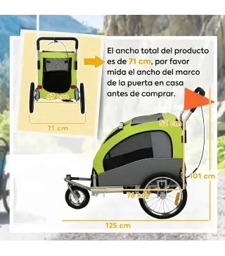Remolque de Bicicleta Perros 2 en 1 Carrito Perros Medianos Plegable con Suspensión Neumáticos Grandes Ventanas Verde