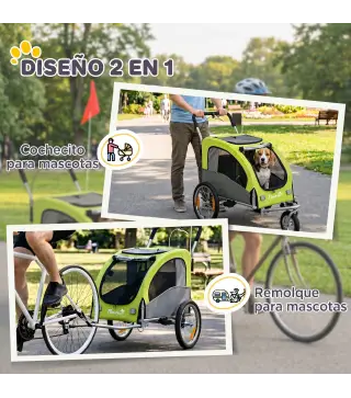 Remolque de Bicicleta Perros 2 en 1 Carrito Perros Medianos Plegable con Suspensión Neumáticos Grandes Ventanas Verde