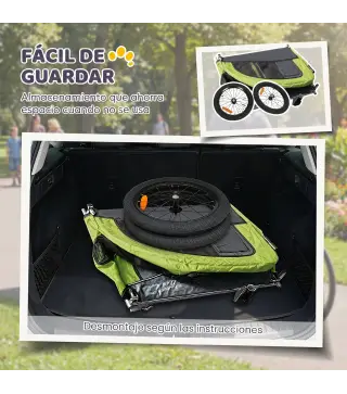 Remolque de Bicicleta Perros 2 en 1 Carrito Perros Medianos Plegable con Suspensión Neumáticos Grandes Ventanas Verde