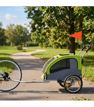 Remolque de Bicicleta Perros 2 en 1 Carrito Perros Medianos Plegable con Suspensión Neumáticos Grandes Ventanas Verde