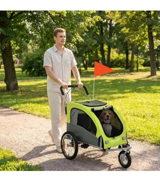 Remolque de Bicicleta Perros 2 en 1 Carrito Perros Medianos Plegable con Suspensión Neumáticos Grandes Ventanas Verde