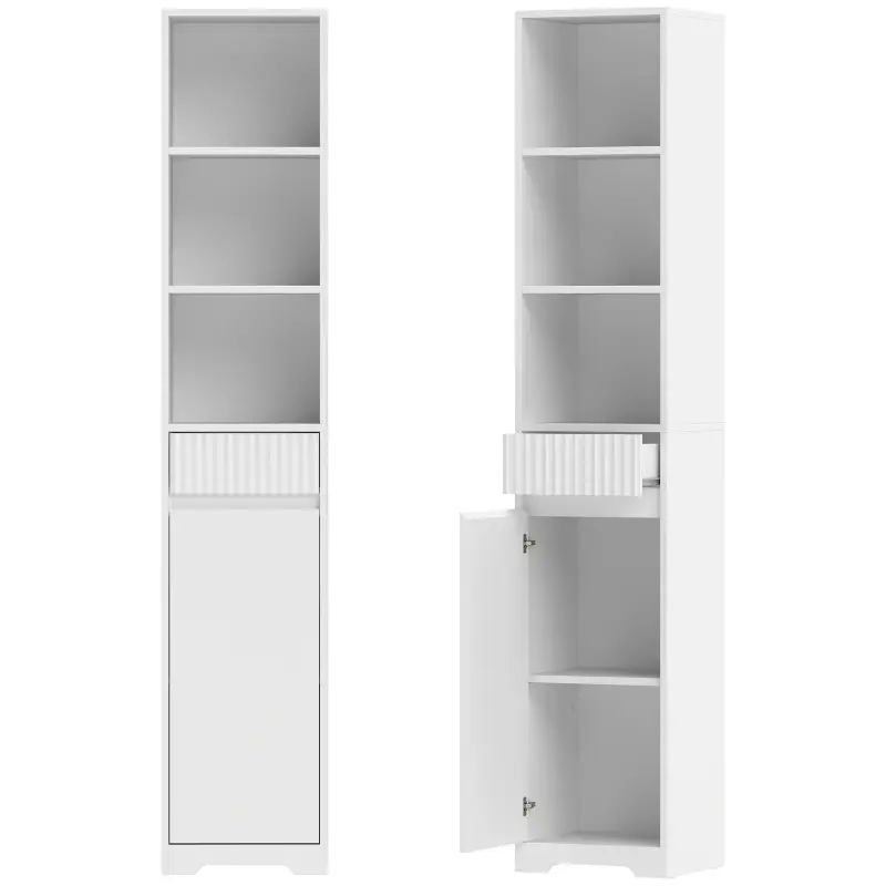 Armario de Baño Alto con Cajón Diseño Acanalado Estante Ajustable Estantes Abiertos para Espacios Pequeños Blanco Armario de Baño Alto con Cajón Diseño Acanalado Estante Ajustable Estantes Abiertos para Espacios Pequeños Blanco