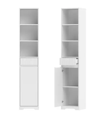 Armario de Baño Alto con Cajón Diseño Acanalado Estante Ajustable Estantes Abiertos para Espacios Pequeños Blanco