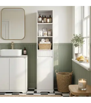 Armario de Baño Alto con Cajón Diseño Acanalado Estante Ajustable Estantes Abiertos para Espacios Pequeños Blanco