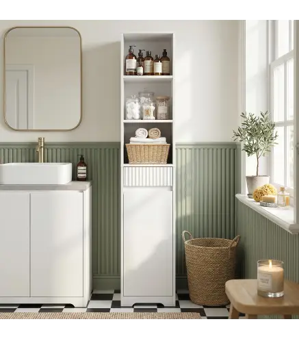 Armario de Baño Alto con Cajón Diseño Acanalado Estante Ajustable Estantes Abiertos para Espacios Pequeños Blanco