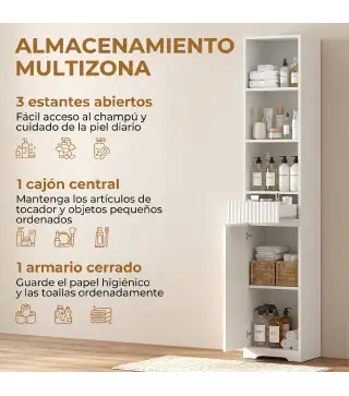 Armario de Baño Alto con Cajón Diseño Acanalado Estante Ajustable Estantes Abiertos para Espacios Pequeños Blanco