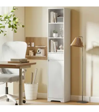 Armario de Baño Alto con Cajón Diseño Acanalado Estante Ajustable Estantes Abiertos para Espacios Pequeños Blanco
