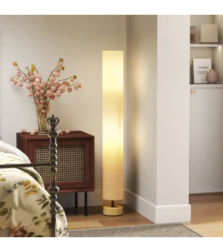 Lámpara de pie de salón con pantalla de lino, interruptor de pie, 2 x casquillo E27, 120 cm, beige