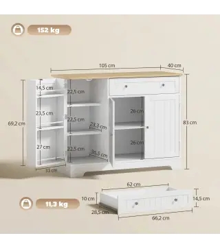 Aparador de Cocina Armario de Cocina 3 Estantes de Puerta Cajón Estantes Ajustables para Comedor 105x40x83 cm Blanco