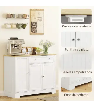 Aparador de Cocina Armario de Cocina 3 Estantes de Puerta Cajón Estantes Ajustables para Comedor 105x40x83 cm Blanco