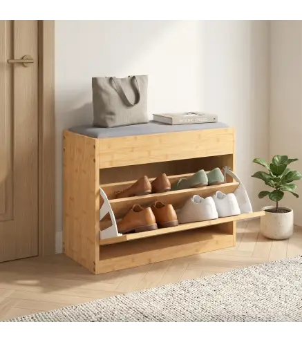 Banco Zapatero Recibidor con Asiento Acolchado Cajón Abatible Puerta de Ratán Estante Ajustable para Entrada Natural