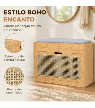 Banco Zapatero Recibidor con Asiento Acolchado Cajón Abatible Puerta de Ratán Estante Ajustable para Entrada Natural