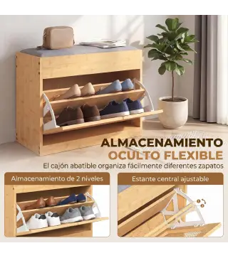 Banco Zapatero Recibidor con Asiento Acolchado Cajón Abatible Puerta de Ratán Estante Ajustable para Entrada Natural