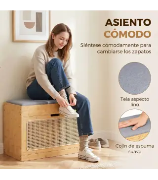 Banco Zapatero Recibidor con Asiento Acolchado Cajón Abatible Puerta de Ratán Estante Ajustable para Entrada Natural