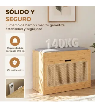 Banco Zapatero Recibidor con Asiento Acolchado Cajón Abatible Puerta de Ratán Estante Ajustable para Entrada Natural