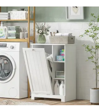 Mueble de Baño con Cesto Ropa Sucia Cesta Extraíble Estante Ajustable y Compartimentos para Baño 60x38x86 cm Blanco