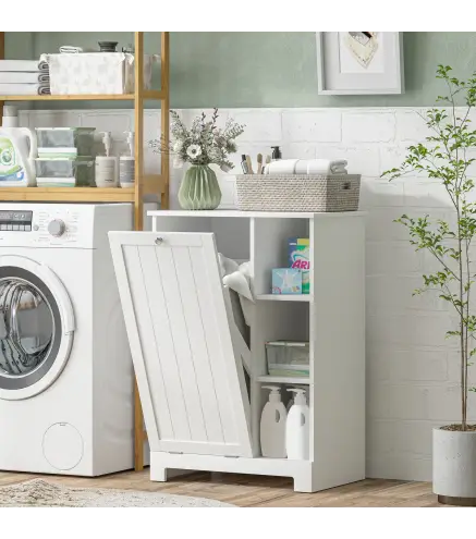 Mueble de Baño con Cesto Ropa Sucia Cesta Extraíble Estante Ajustable y Compartimentos para Baño 60x38x86 cm Blanco