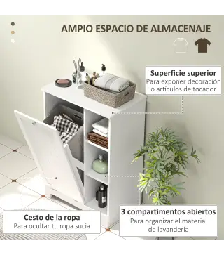 Mueble de Baño con Cesto Ropa Sucia Cesta Extraíble Estante Ajustable y Compartimentos para Baño 60x38x86 cm Blanco