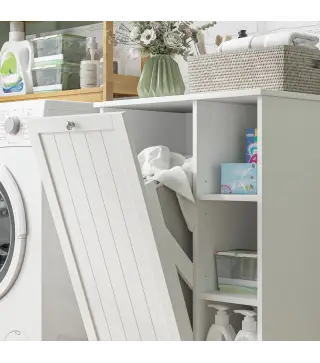 Mueble de Baño con Cesto Ropa Sucia Cesta Extraíble Estante Ajustable y Compartimentos para Baño 60x38x86 cm Blanco