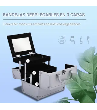 Maletín Maquillaje Profesional Estuche de Cosmético Portátil con Bandejas de 3 Niveles y Espejo 2 Llaves para Joyero Manicura Vi