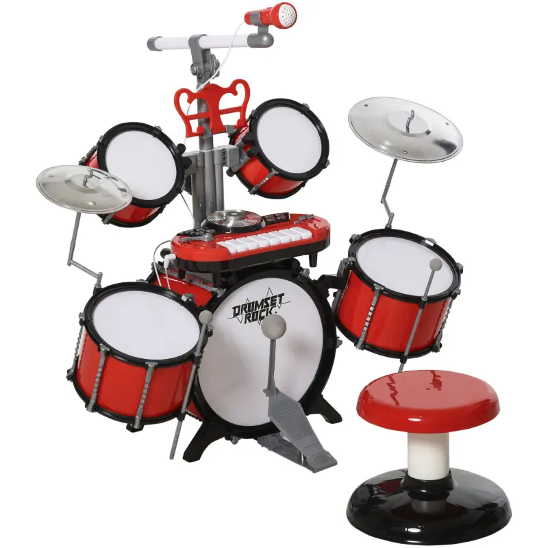 Batería Infantil con Taburete, Jazz Batería Infantil con 4 Tambores, Micrófono, Platos, Baquetas Teclado, Instrumento Musical pa Batería Infantil con Taburete, Jazz Batería Infantil con 4 Tambores, Micrófono, Platos, Baquetas Teclado, Instrumento Musical pa