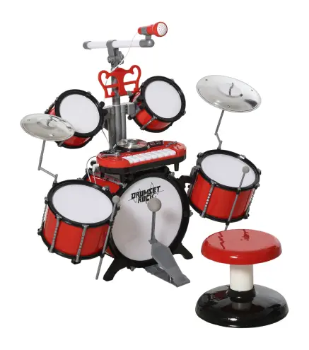 Batería Infantil con Taburete, Jazz Batería Infantil con 4 Tambores, Micrófono, Platos, Baquetas Teclado, Instrumento Musical pa
