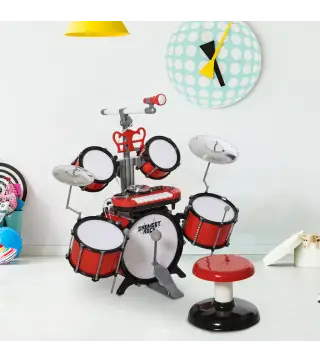 Batería Infantil con Taburete, Jazz Batería Infantil con 4 Tambores, Micrófono, Platos, Baquetas Teclado, Instrumento Musical pa