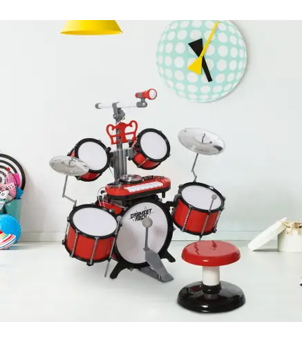 Batería Infantil con Taburete, Jazz Batería Infantil con 4 Tambores, Micrófono, Platos, Baquetas Teclado, Instrumento Musical pa