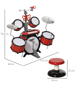 Batería Infantil con Taburete, Jazz Batería Infantil con 4 Tambores, Micrófono, Platos, Baquetas Teclado, Instrumento Musical pa