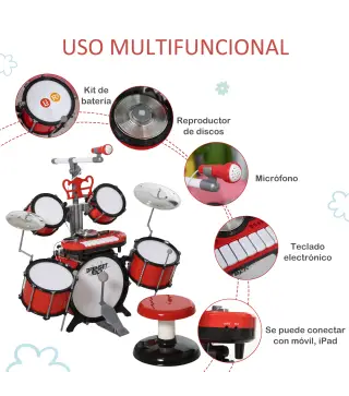 Batería Infantil con Taburete, Jazz Batería Infantil con 4 Tambores, Micrófono, Platos, Baquetas Teclado, Instrumento Musical pa