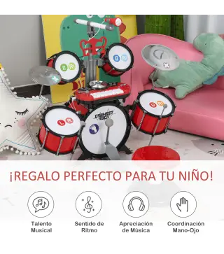 Batería Infantil con Taburete, Jazz Batería Infantil con 4 Tambores, Micrófono, Platos, Baquetas Teclado, Instrumento Musical pa