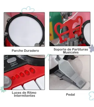 Batería Infantil con Taburete, Jazz Batería Infantil con 4 Tambores, Micrófono, Platos, Baquetas Teclado, Instrumento Musical pa