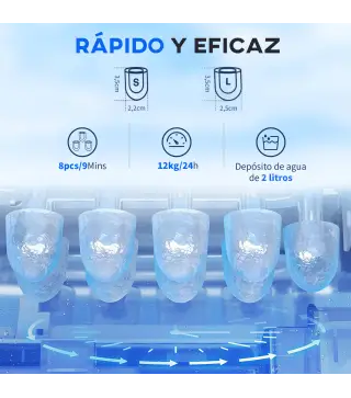 Máquina de Hacer Hielo Autolimpieza 12 kg/24h 9 Cubitos de Hielo en 8 Minutos 2 Tamaños de Cubitos Negro