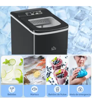 Máquina de Hacer Hielo Autolimpieza 12 kg/24h 9 Cubitos de Hielo en 8 Minutos 2 Tamaños de Cubitos Negro