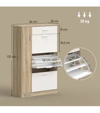 Mueble Zapatero de 3 Puertas para 18-27 Pares de Zapatos Zapatero Moderno con Cajón y Puerta 84x30x132 cm Natural