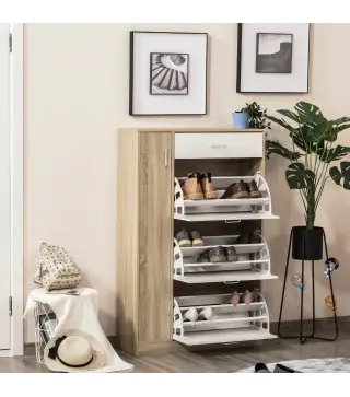 Mueble Zapatero de 3 Puertas para 18-27 Pares de Zapatos Zapatero Moderno con Cajón y Puerta 84x30x132 cm Natural