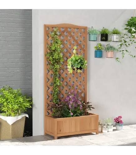 Jardinera con Enrejado de Madera Maciza Arriate Macetero con Soporte para Trepadora Cultivos Plantas Flores para Balcón Terraza