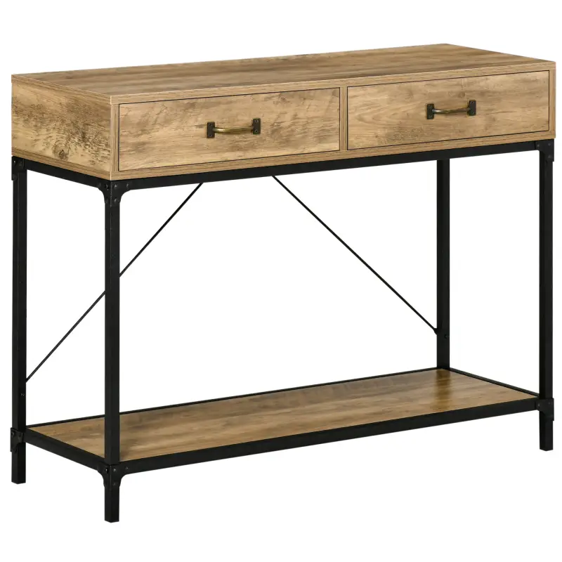 Mesa de Consola Industrial Mesa de Sofá con 2 Cajones y Estante para Recibidor con Patas de Metal Marrón y Negro